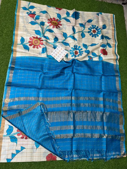 Pure Handloom Tussar Silk Hand Painted Pen Kalmakari Saree
